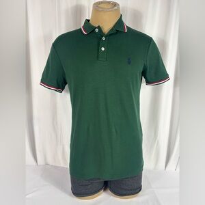 Polo Ralph Lauren NW Pine Green Polo Shirt Striped Trim Collar Purple Pony M